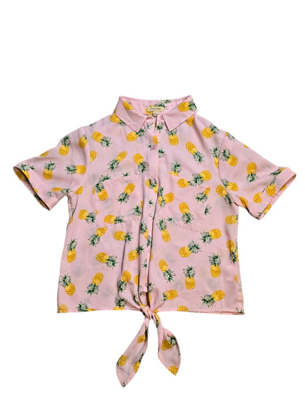 Lily White Women’s Short Sleeve Sheer Pink Pineapple Pattern Front Tie Button Up - Picture 1 of 9
